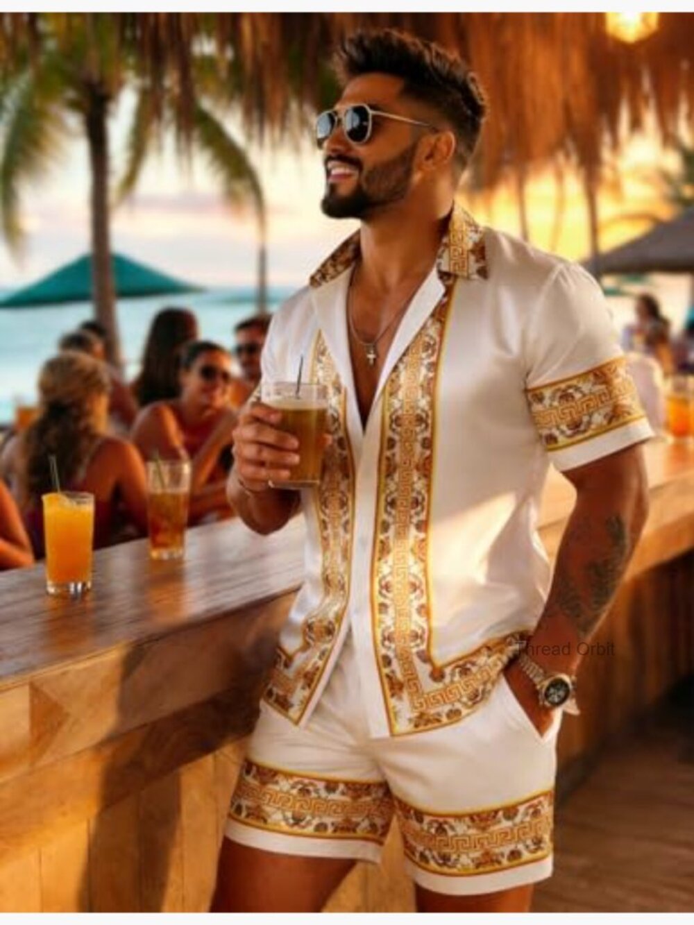 Men's Satin Silk Button Down Shirt Set 2 Piece Summer Beach Outfits - Picture 4 of 7